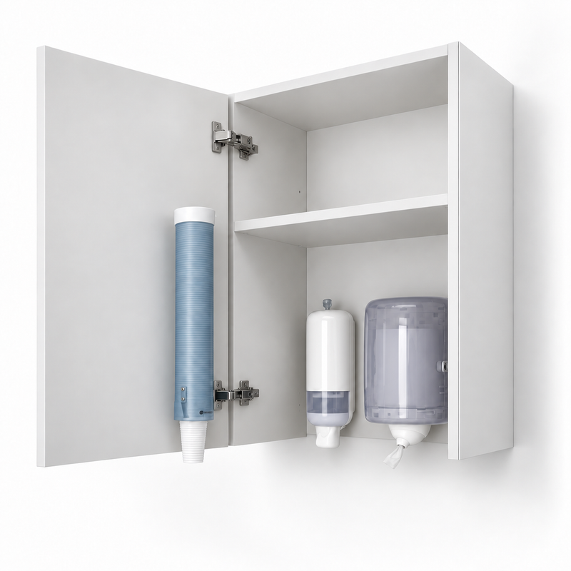 500mm Wall Unit with Dispenser and Cup Holder in white – studio product render